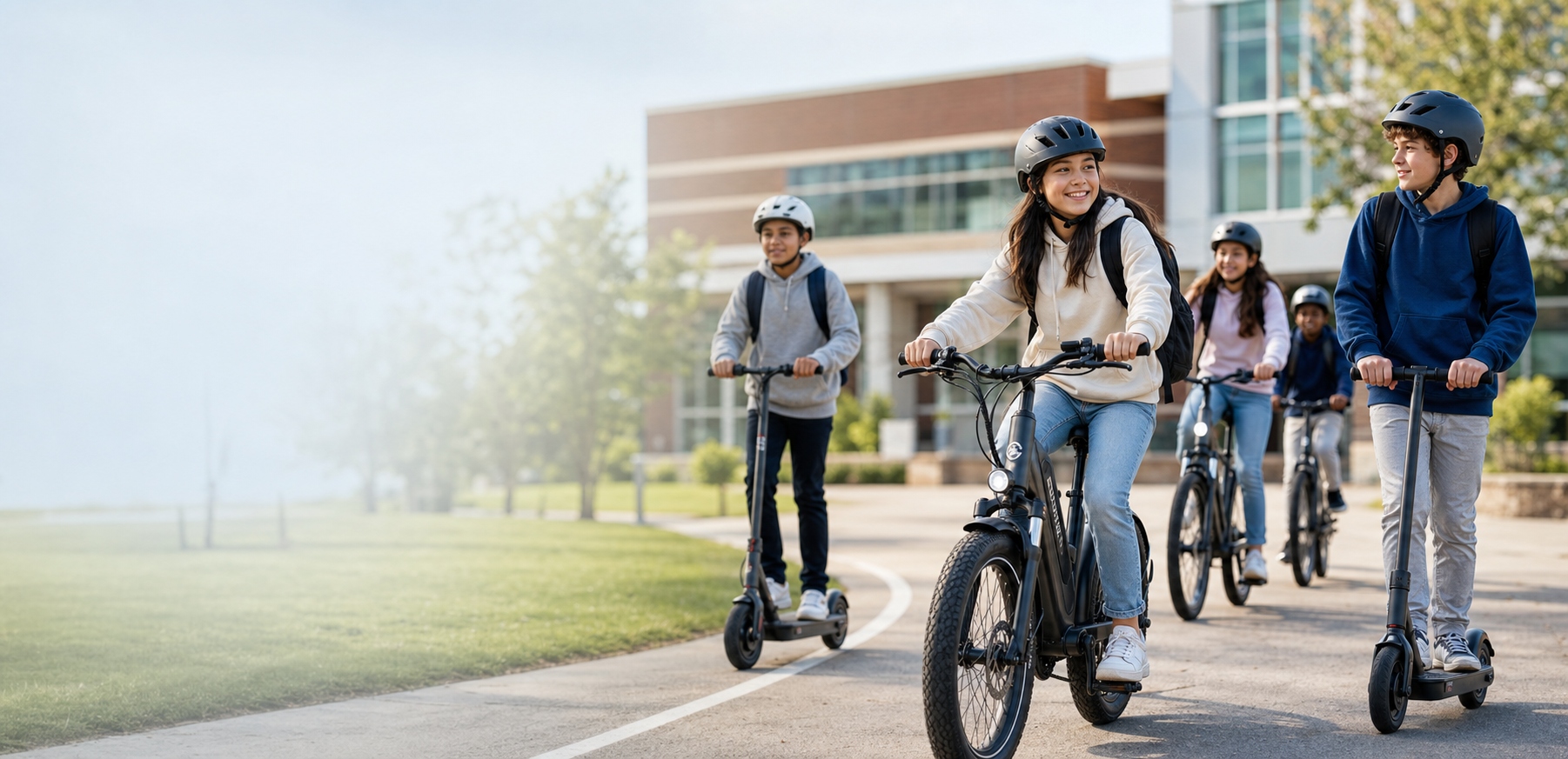 A diverse group of middle school students riding e-bikes and scooters wearing helmets outside their school