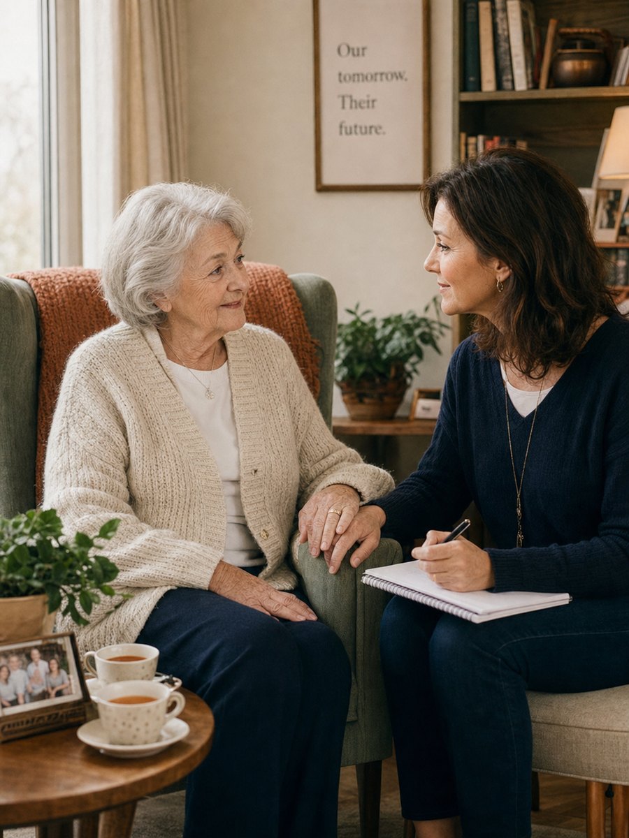 An older woman with silver hair sits in an upholstered armchair while her adult daughter sits beside her with a notebook and pen, mid-conversation. A small side table holds two cups of tea and a framed family photo. Soft afternoon home light.