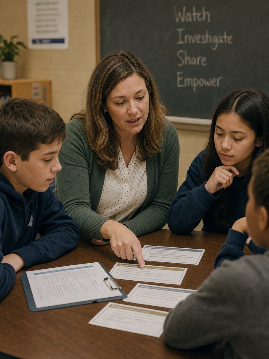 A teacher leans toward three middle-school students at a wooden classroom table, pointing at a printed lesson card. A chalkboard behind them shows the words Watch, Investigate, Share, Empower in handwritten chalk.
