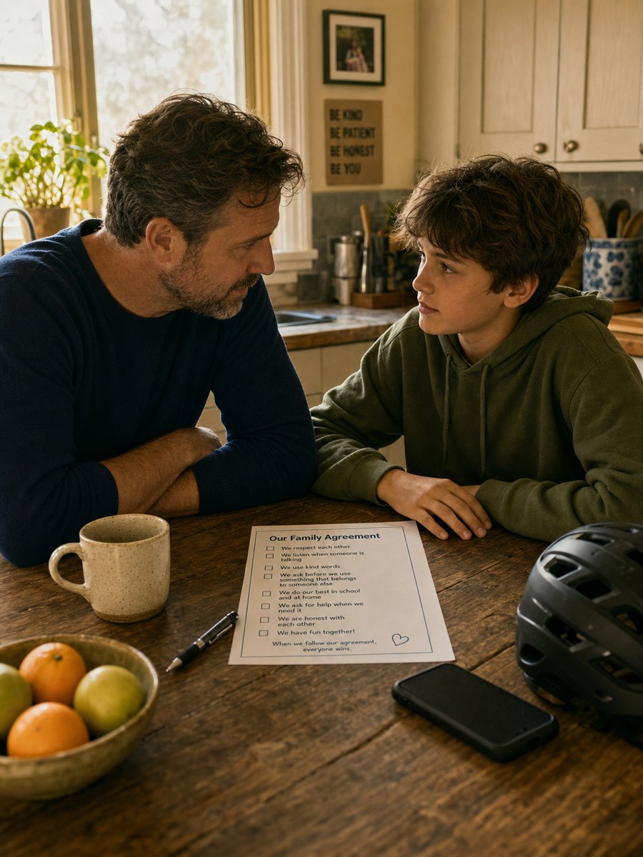 A parent and a middle-school child sit across a wooden kitchen table looking at each other. Between them is a printed family agreement, a pen, a bicycle helmet, and a phone face-down on the table.