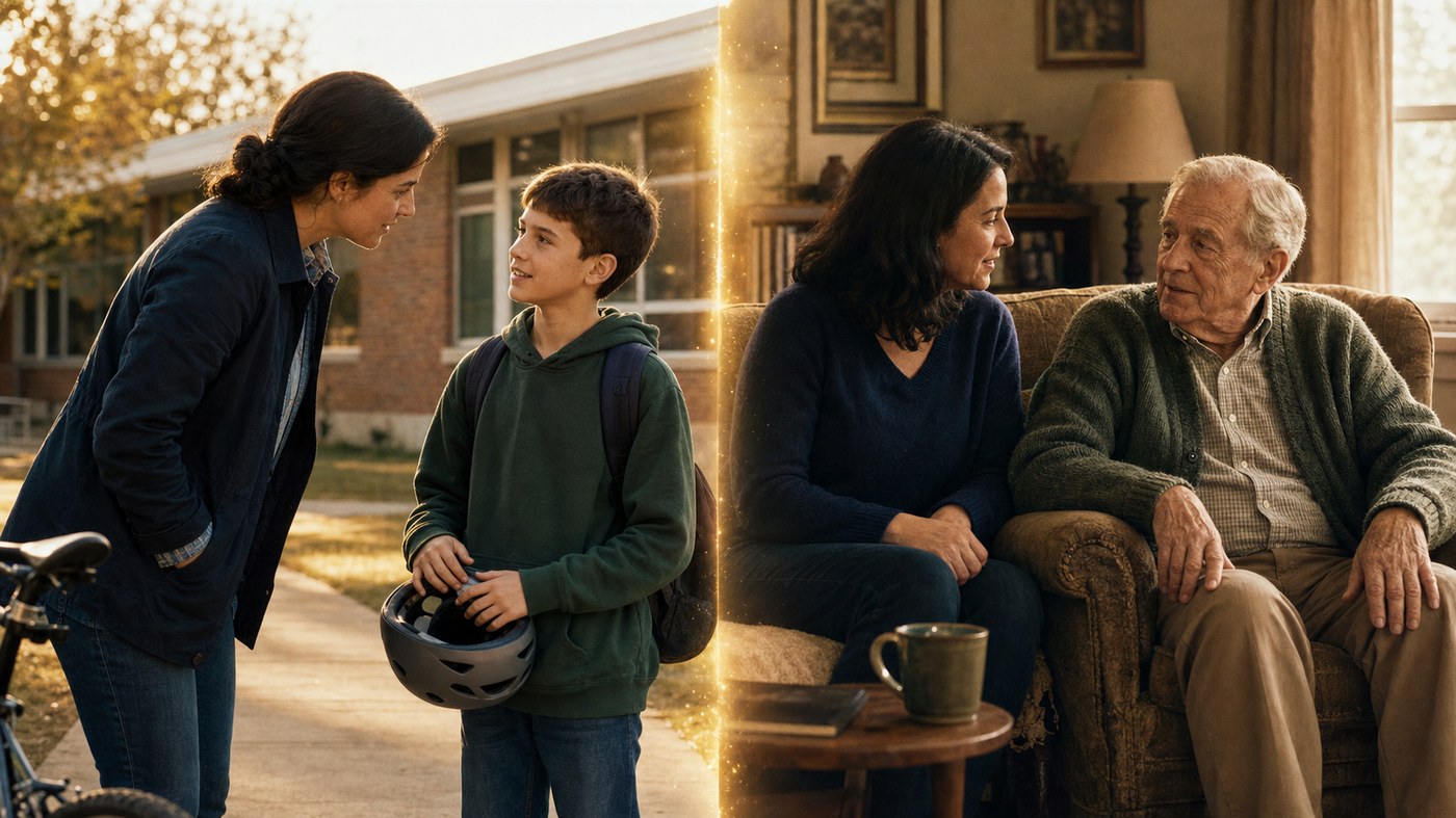 Split-scene editorial photograph: a parent leans toward a middle-school child holding a bicycle helmet on a school sidewalk, alongside an adult daughter and her elderly father in conversation in a softly lit living room.