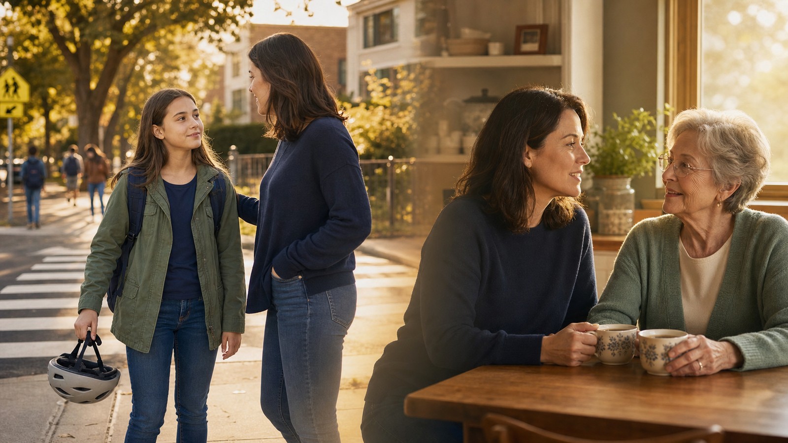 A middle-school student holding a bike helmet talks with a parent on a school sidewalk; alongside, an adult daughter and her elderly mother sit at a kitchen table with two cups of tea, both scenes connected by warm afternoon light.