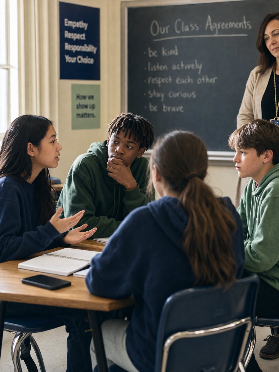 Four middle-school students sit around a wooden table in a calm classroom, leaning into a respectful discussion. A class agreements chalkboard is visible behind them and a teacher in a cardigan listens nearby.
