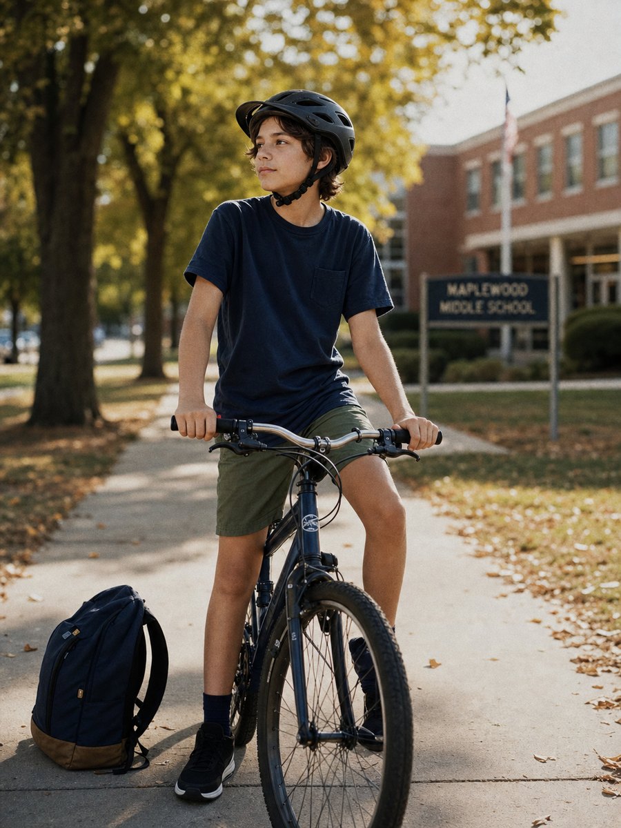 A middle-school student wearing a properly fitted bicycle helmet stands astride a bike on a tree-lined sidewalk in front of a school building, late afternoon light, backpack on the ground beside the bike.